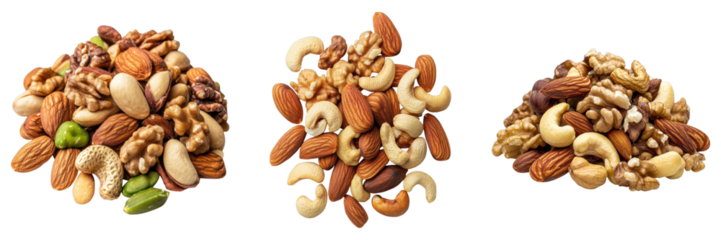 A diverse assortment of various nuts, including walnuts, almonds, cashews, and pistachios. Each nut is displayed, presenting a visual feast of natural flavors and textures.