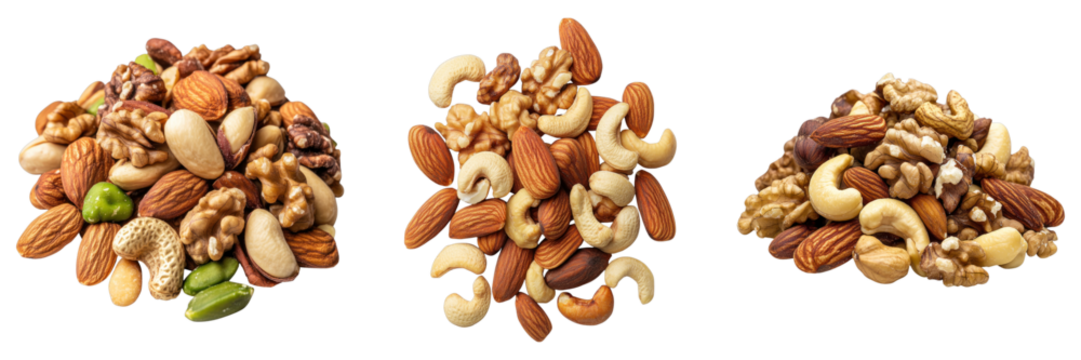 A diverse assortment of various nuts, including walnuts, almonds, cashews, and pistachios. Each nut is displayed, presenting a visual feast of natural flavors and textures.