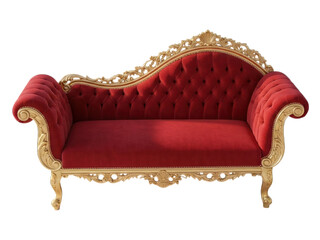 A luxurious chaise lounge with ornate gold trim and rich red upholstery