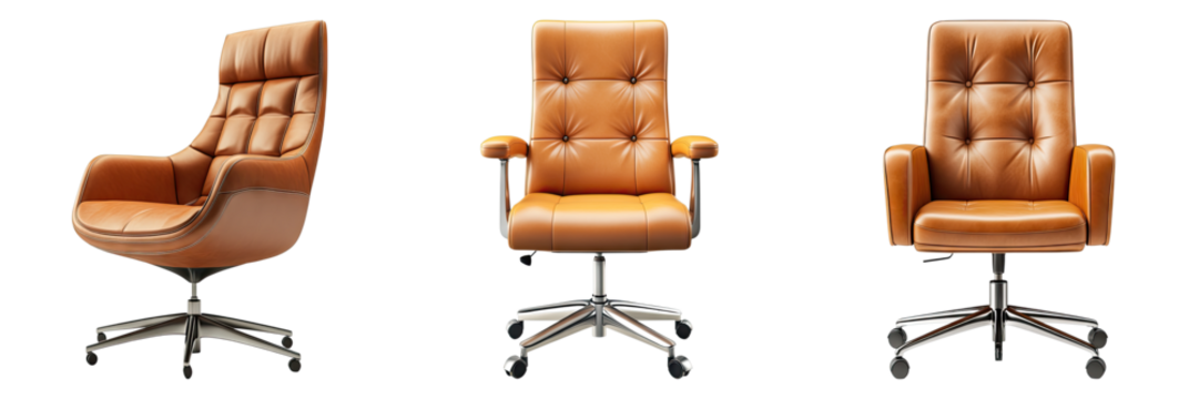 A set of three stylish, brown leather office chairs. The chairs are of various designs