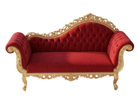A luxurious chaise lounge with ornate gold trim and rich red upholstery