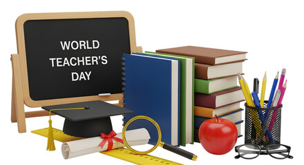 World teachers day concept with school supplies like books, a graduation cap, magnifying glass, and a blackboard