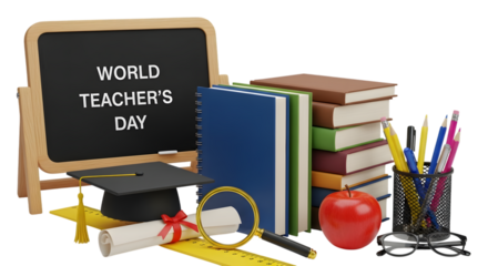 World teachers day concept with school supplies like books, a graduation cap, magnifying glass, and a blackboard