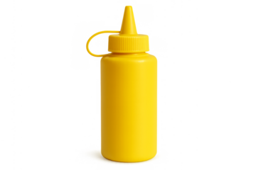 Yellow plastic squeeze bottle dispensing mustard condiment