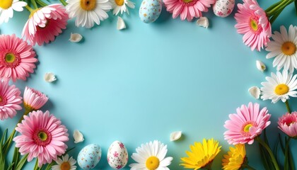 Fresh spring flowers, decorated Easter eggs arranged on light blue backdrop, bright petals, blossoms create festive frame. Colorful floral arrangement with cheerful daisy blooms, perfect for holiday
