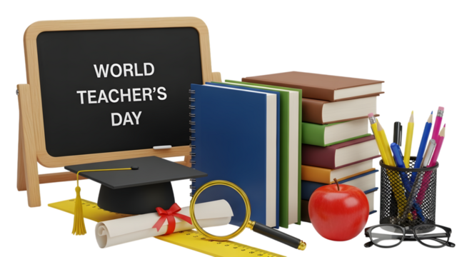 World teachers day concept with school supplies like books, a graduation cap, magnifying glass, and a blackboard