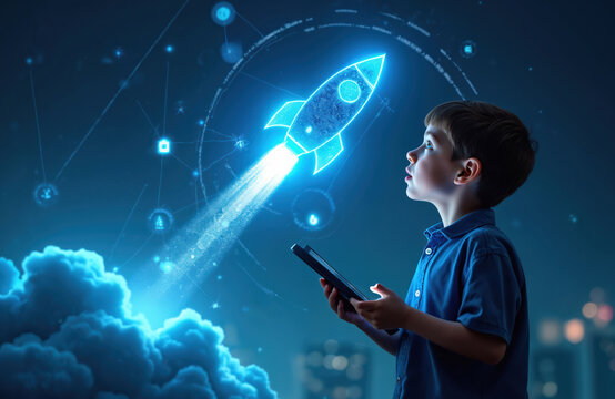 Little boy looks at glowing digital rocket. Kid holds tablet. Innovation, startup concept. Online education, social media, future tech. Investment mobile app promo banner for education program