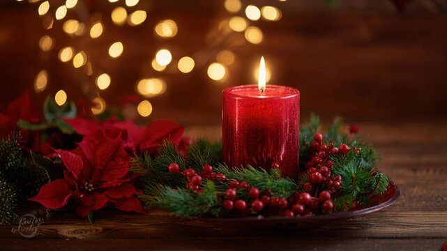 three red candles on wooden table surrounded by red berries and pine, warm bokeh lights creating cozy festive mood, detailed wax texture and soft flame, perfect