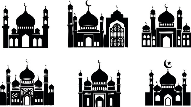 Islamic mosque silhouette collection with various traditional dome and minaret shapes vector icons design