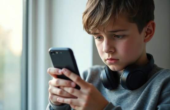 Young boy holds smartphone looking worried. Headphones rest around his neck. He seems stressed or sad while looking at his phone screen near window. Mental health concerns and social pressure.
