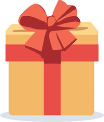 A cheerful present box illustrated in a flat vector style, featuring a warm yellow gift with a bright red ribbon and large decorative bow. 