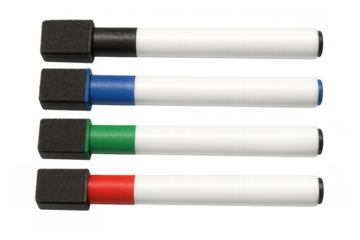 Colorful whiteboard markers with erasers on transparent background