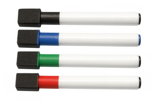 Colorful whiteboard markers with erasers on transparent background