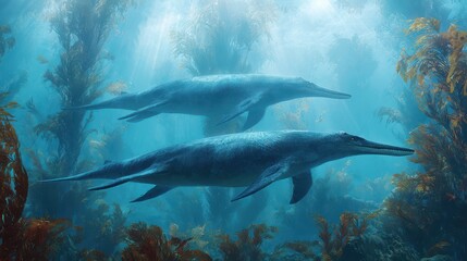 Obraz premium Jurassic Impressions: A School of Ichthyosaurs Glides Above Lush Seaweed in Primeval Oceans