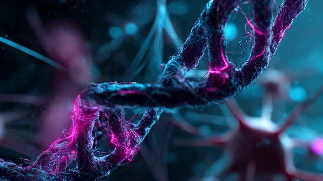 Futuristic DNA helix with glowing pink energy pulses and neural network connections in a scientific visualization. - Powered by Adobe