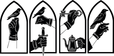 Gothic style black silhouette hands holding bird, dagger, telescope, and coffee pot in arched frames vector artwork