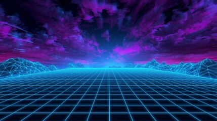 A futuristic landscape with neon grid and mountains under a vibrant sky