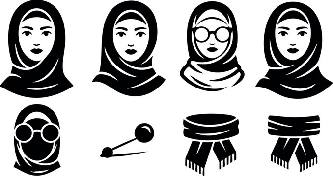 Women head icons with hijab and scarf styles in simple black and white vector design for diverse cultural representation