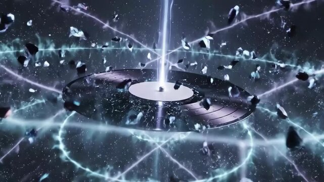 Vinyl record player disc shattered cosmic vortex with laser beam energy explosion and glowing debris