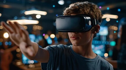 Young boy uses a VR headset in a neon-lit environment, interacting with a virtual world, ideal for technology and gaming concepts.