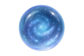 Glass sphere containing a vibrant swirling galaxy nebula on a transparent background representing universe and astronomy
