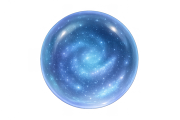 Glass sphere containing a vibrant swirling galaxy nebula on a transparent background representing universe and astronomy