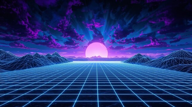 Retro futuristic landscape with sun and grid creates a nostalgic atmosphere - Powered by Adobe
