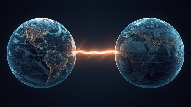 Two connected spheres with light beam in the middle create a connection - Powered by Adobe