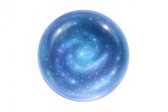 Glass sphere containing a vibrant swirling galaxy nebula on a transparent background representing universe and astronomy