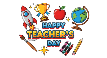 Happy teachers day celebration with school supplies like a rocket, trophy, apple, globe, paintbrush, crayons, and pencil