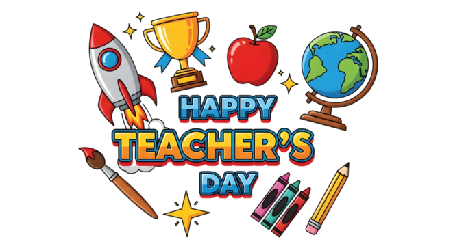 Happy teachers day celebration with school supplies like a rocket, trophy, apple, globe, paintbrush, crayons, and pencil