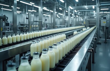 Obraz premium Milk bottles on production line in factory. Bottled milk moving on conveyor belt. Industrial dairy production facility with automated equipment. Metal machinery, pipes. Glass bottles with milk.