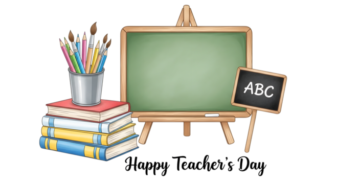Teachers day celebration with a blackboard, stack of books, art supplies, and a small abc sign