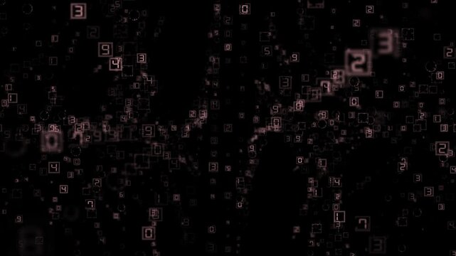 Abstract digital matrix background with floating numbers and square outlines on black space