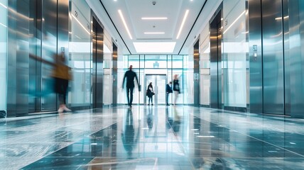 Blurred motion of business people walking through a sleek, glass-walled office corridor coworking office space filled with natural and artificial light.