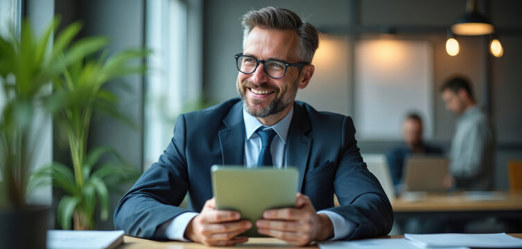 Happy businessman in suit smiles holding digital tablet in modern office. Wears glasses, beard. Man working on device, planning new ideas, feeling positive at job. Business professional reviews tech. - Powered by Adobe