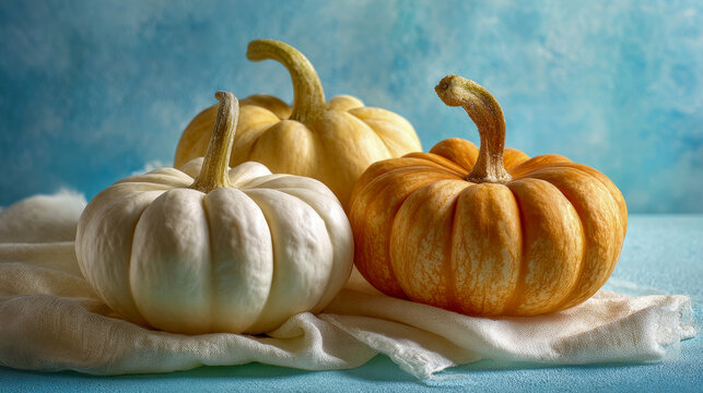 Three vibrant small pumpkins in white, beige, and orange shades sitting on soft fabric with a textured blue background for seasonal autumn decoration themes - Powered by Adobe
