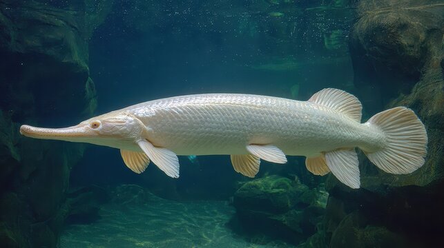 Snowy Alligator Gar: An Exotic Aquatic Creature Swimming Solo in a Crystal-Clear Aquarium