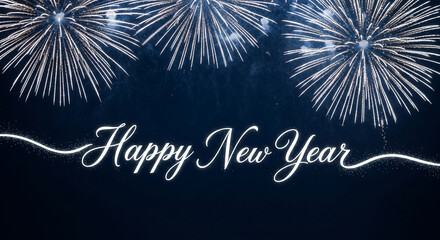 Fireworks burst against a dark blue night sky, representing celebration. "Happy New Year" text glows, evoking festive spirit and renewal