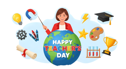 Happy teachers day concept with a teacher holding a magnet over a globe surrounded by educational symbols like a lightbulb, gears, crayons, graduation cap, star, palette, and test tubes