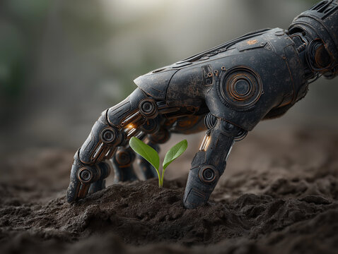 Robot AI Hand Planting a Sapling in Soil - Powered by Adobe