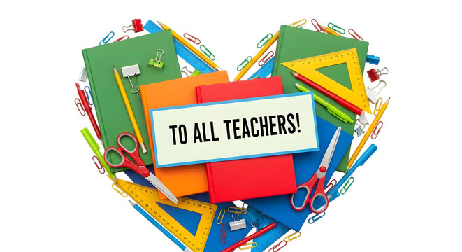 Heart shape formed by school supplies including notebooks, rulers, scissors, pencils, and paper clips, with a sign saying to all teachers - Powered by Adobe