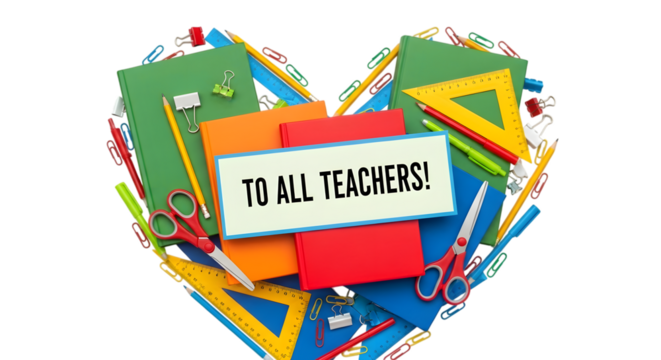 Heart shape formed by school supplies including notebooks, rulers, scissors, pencils, and paper clips, with a sign saying to all teachers