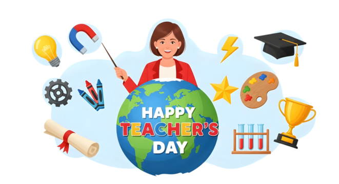 Happy teachers day concept with a teacher holding a magnet over a globe surrounded by educational symbols like a lightbulb, gears, crayons, graduation cap, star, palette, and test tubes