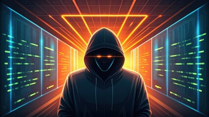 Hooded figure with glowing eyes in a digital data server room hacker cybercrime