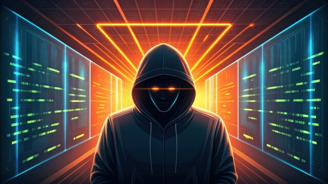 Hooded figure with glowing eyes in a digital data server room hacker cybercrime - Powered by Adobe