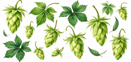 Watercolor illustration set featuring green hop cones and leaves. Humulus lupulus plants, vines, and branches depicted. Ideal for beer labels, festivals, and brewing designs.