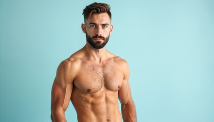 Young fit man with beard stands shirtless against blue background. He looks directly at camera with serious confident expression. Healthy, muscular torso shows toned abs and chest.