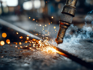 Industrial close-up of an oxygen cutting torch generating sparks and smoke while precisely slicing through metal in a workshop setting