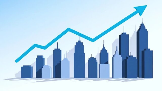 Dynamic business growth animation with upward arrow and rising skyscraper buildings, symbolizing financial success and investment opportunities in a vibrant economy - Powered by Adobe